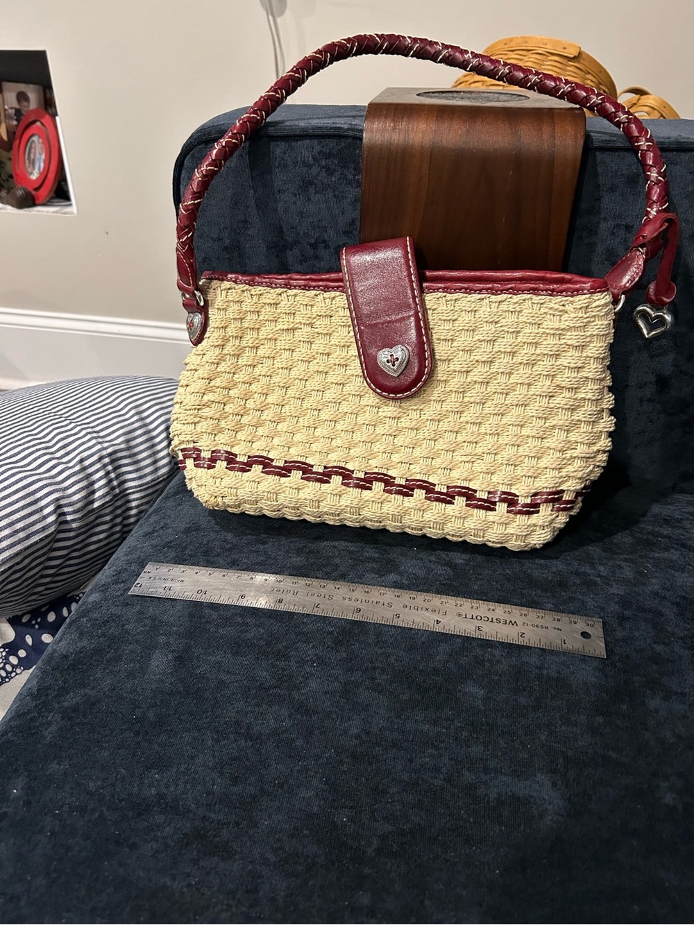 Brighton Cream Woven Shoulder Bag with Burgundy Trim